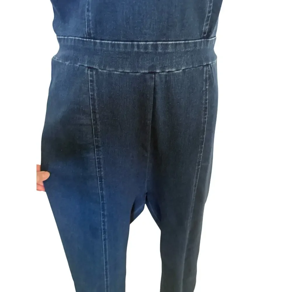 Haute Monde Demin Blue Jean Stretchy Jumpsuit w/Rhinestone Bustline. L - Picture 5 of 10